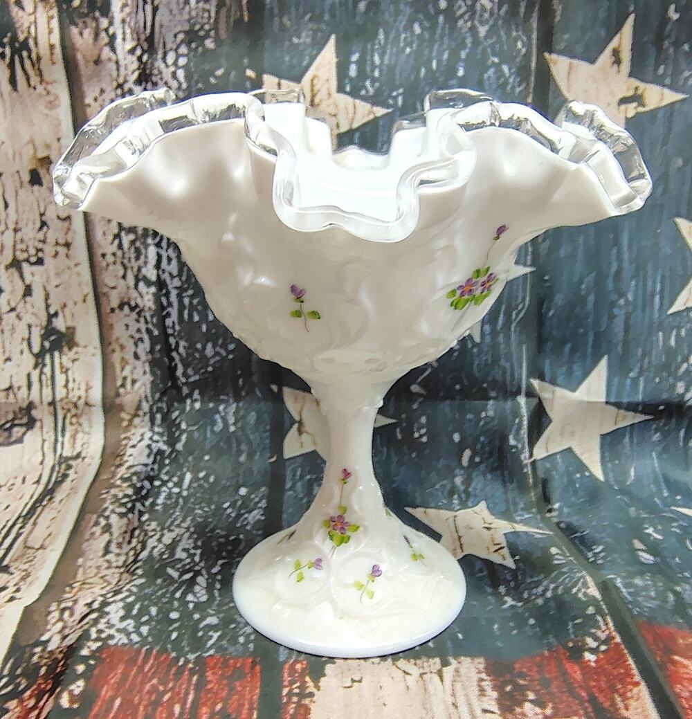 FENTON Violets in the Snow Silver Crest Compote Signed By C. Mackey